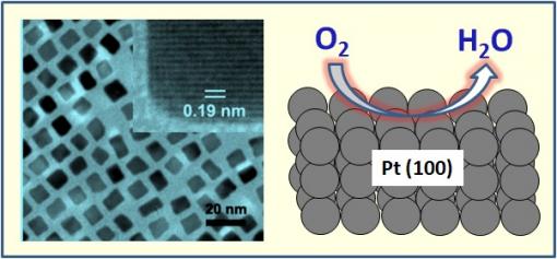 The Making of a Platinum Nanocube - On the left is a transmission electron microscopy image of 7 nanometer platinum nanocubes used for oxygen reduction reaction. In the upper right corner of this image is a high resolution picture of a single cube. On the right is an illustration demonstrating the oxygen reduction on a Pt(100) surface of a cube.